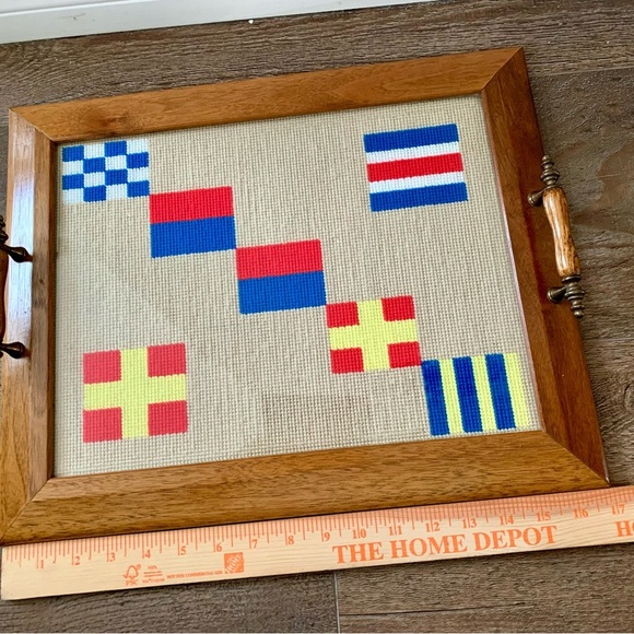 Vintage Decorative Wood Tray With  Embroidery Insert 14/17 Inch - Picture 3 of 13